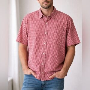 Eddie Bauer Red White Gingham Button Down Shirt XL Short Sleeve Cotton
